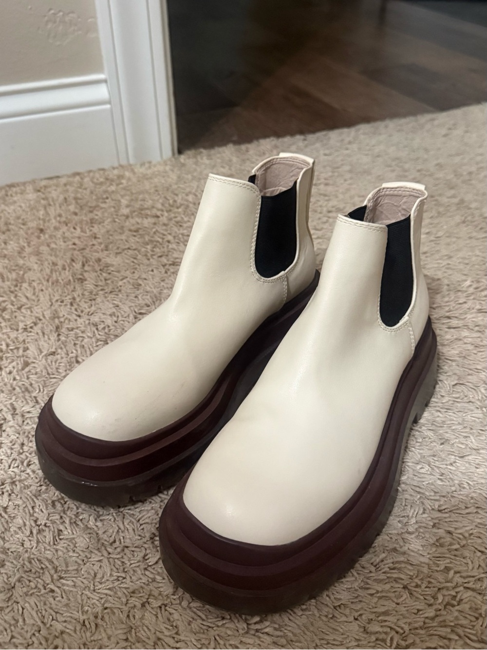 Urban Outfitters Cream Chelsea Boots with Brown Platform Sole